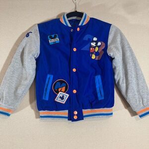 Mickey Mouse Team Disney Varsity Bomber‎ Jacket  Blue, Orange & Gray Snap Front